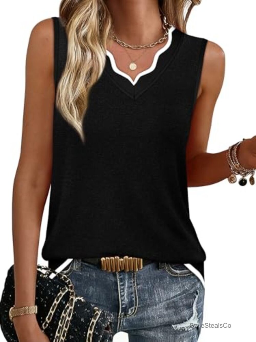 Classic Black V-Neck Tank with White Contrast Trim